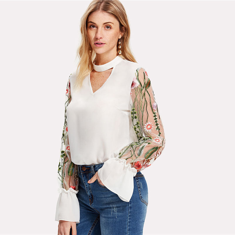 Embroidery Cut V-neck Patchwork Transparent Lace Long Sleeves Blouse