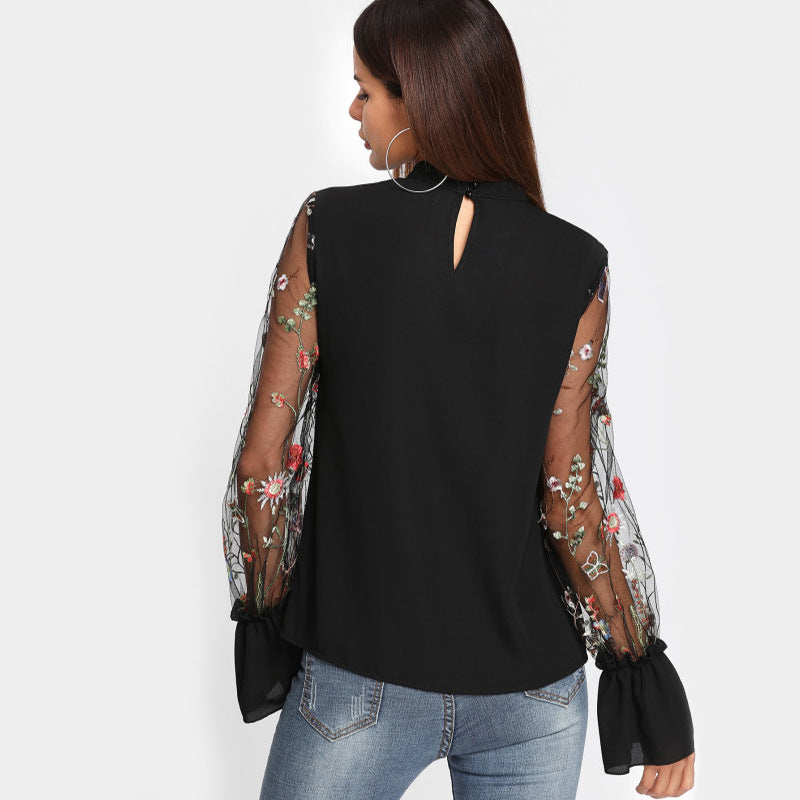 Embroidery Cut V-neck Patchwork Transparent Lace Long Sleeves Blouse