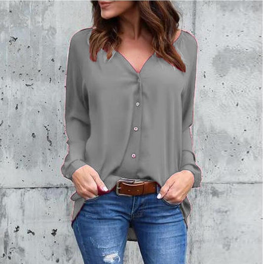 V-neck Loose Pure Color Long Sleeves Regular Blouse