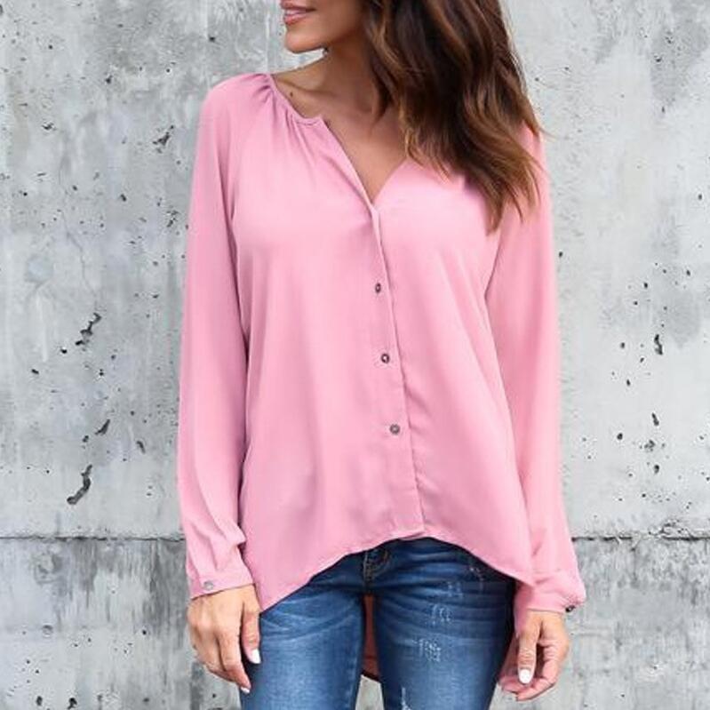 V-neck Loose Pure Color Long Sleeves Regular Blouse