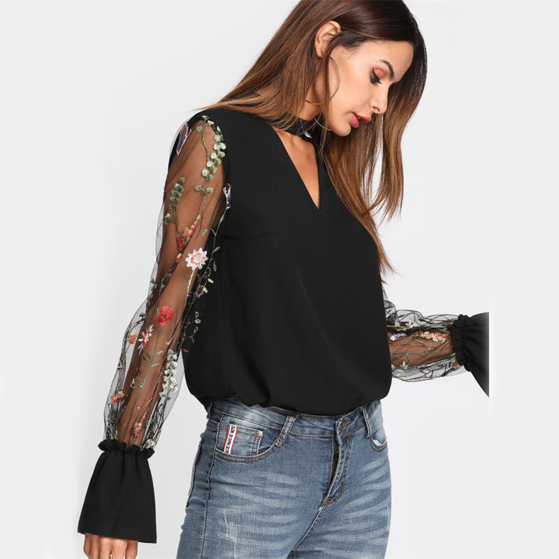 Embroidery Cut V-neck Patchwork Transparent Lace Long Sleeves Blouse