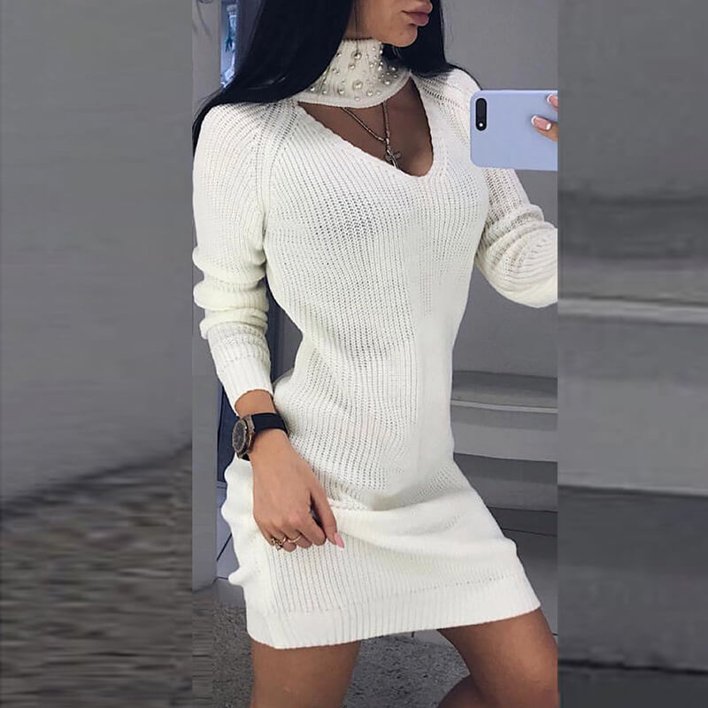 Turtleneck Beads Choker Oversized Sweater Dress