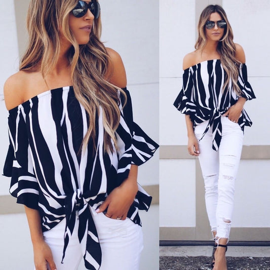 Off Shoulder Striped Strap Short Sleeves Ruffles Blouses