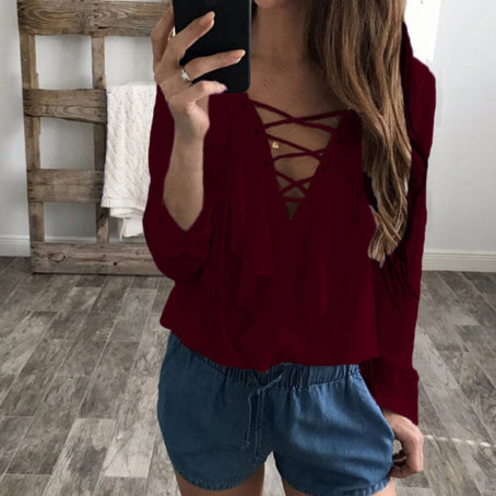 Straps V-neck Ruffles Long Sleeves Regular Blouse