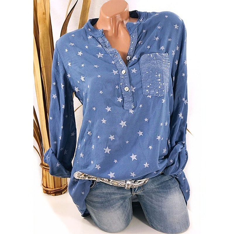 Stars Print V-neck Loose Blouse with Plus Size