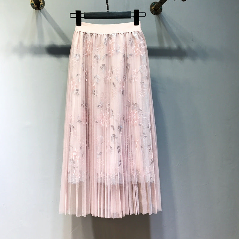 Embroidery Floral Pleated Lace High Waist Loose Long Skirt