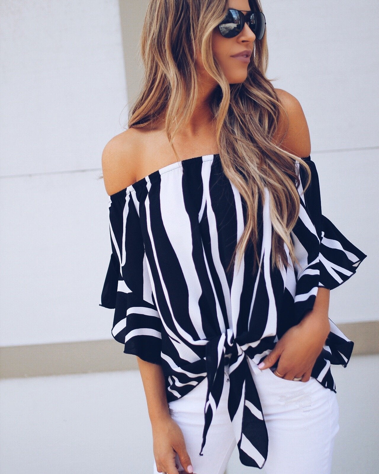 Off Shoulder Striped Strap Short Sleeves Ruffles Blouses