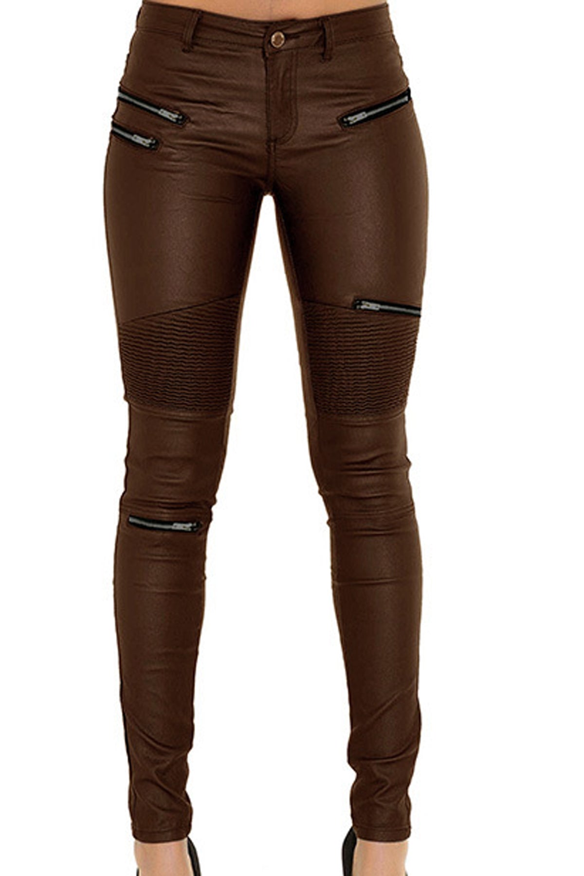 Solid Color PU Low Waist Zipper Long Skinny Pants