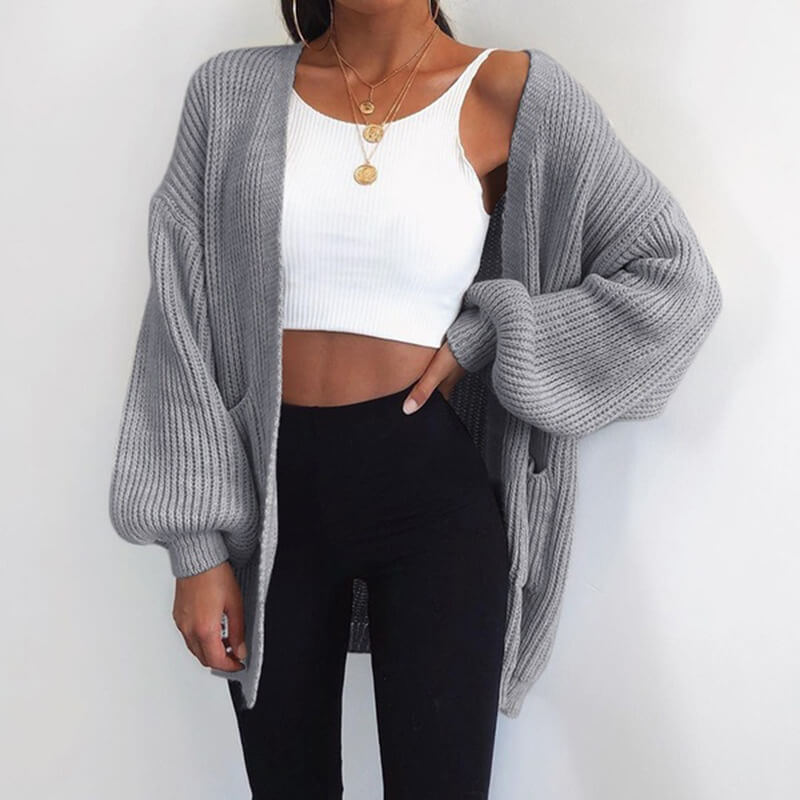 Loose Ribbed Balloon Sleeve Sweater Cardigan