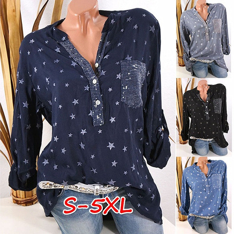 Stars Print V-neck Loose Blouse with Plus Size