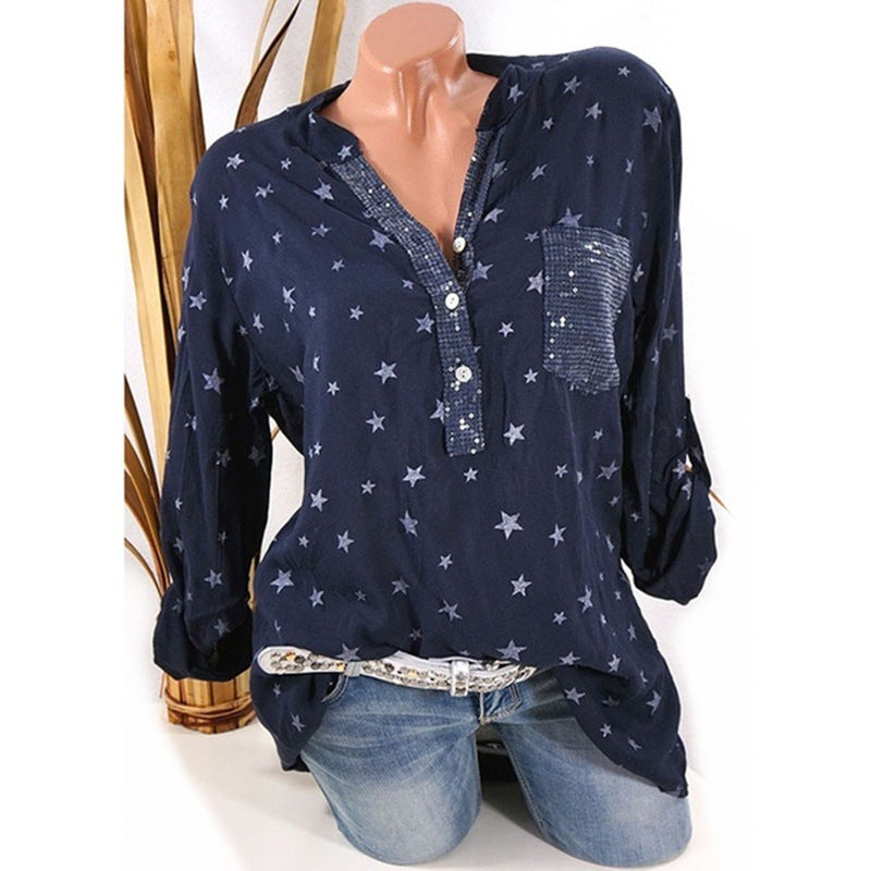 Stars Print V-neck Loose Blouse with Plus Size