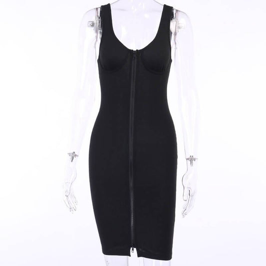 Two Way Zipper Ribbed Sleeveless Bodycon Dress