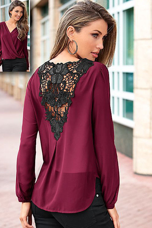 Deep V-neck Chiffon Lace Patchwork Long Sleeve Loose Blouse