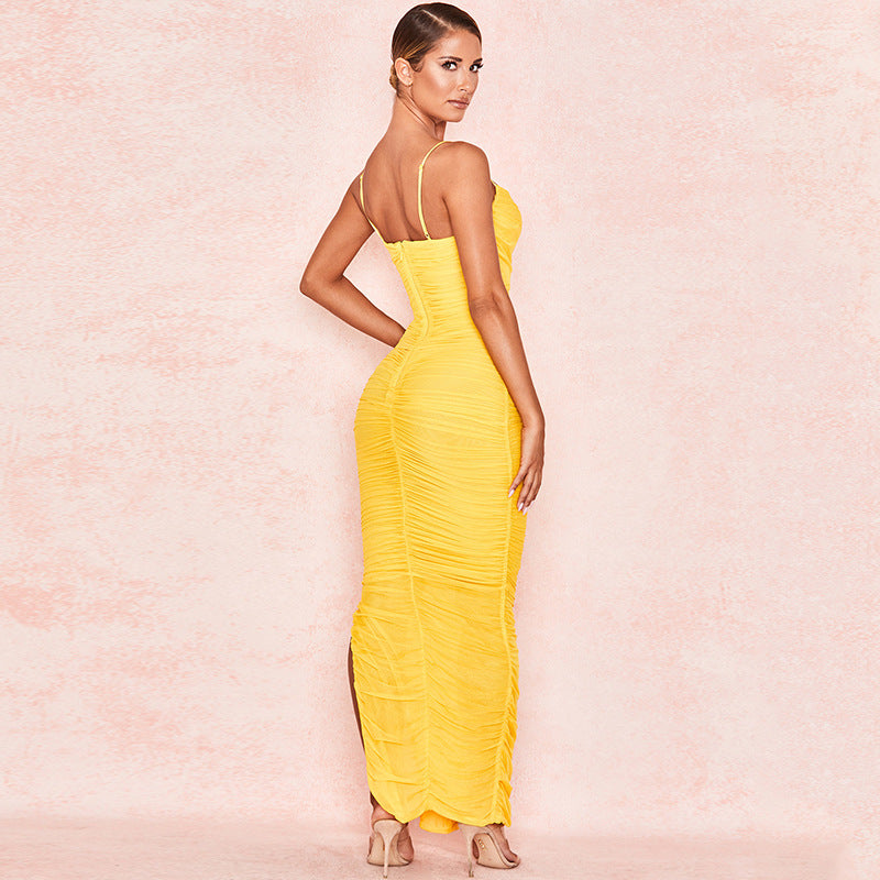 Spaghetti Strap Backless Mesh Bodycon Maxi Dress