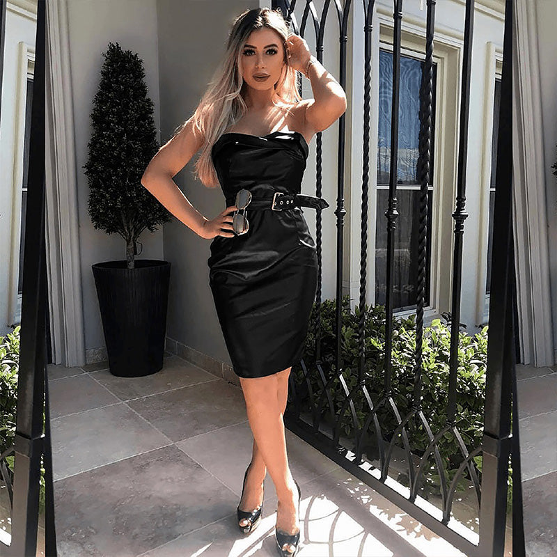 PU Strapless Belt Bodycon Empire Waist Dress