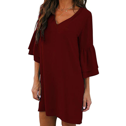 Loose V Neck Bell Sleeve Plain Dress