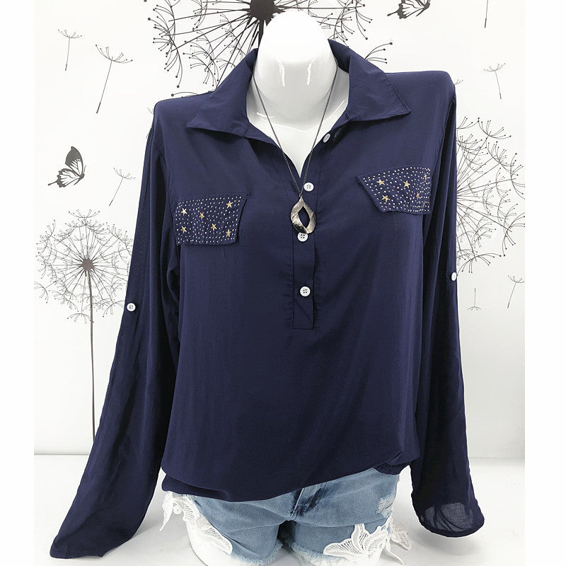 Loose V-neck Pure Color Long Sleeves Women Blouse