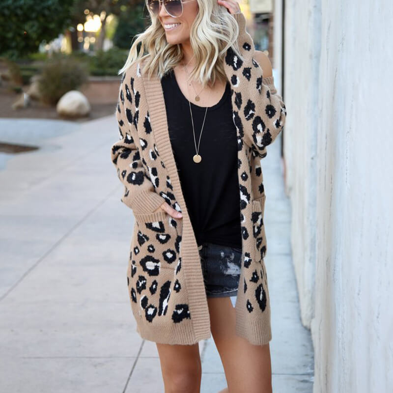 Leopard Pockets Knit Oversized Cardigan Sweater