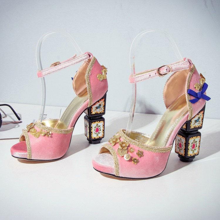 Party Suede Peep Toe Embellished Chunky Heel Sandals