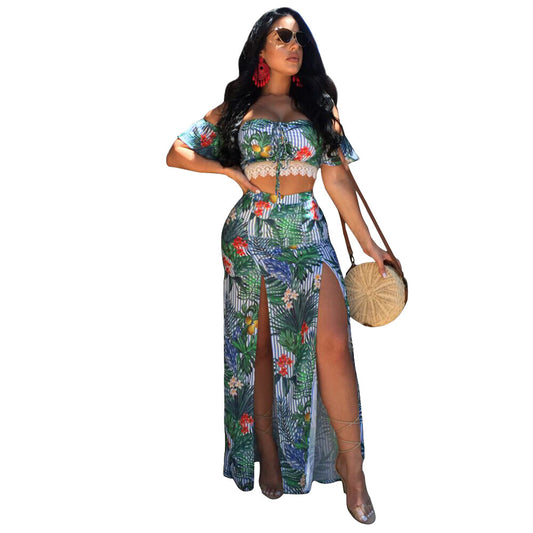 Print Off Shoulder Crop Top with Split Long Skirt Two Pieces Dress Set