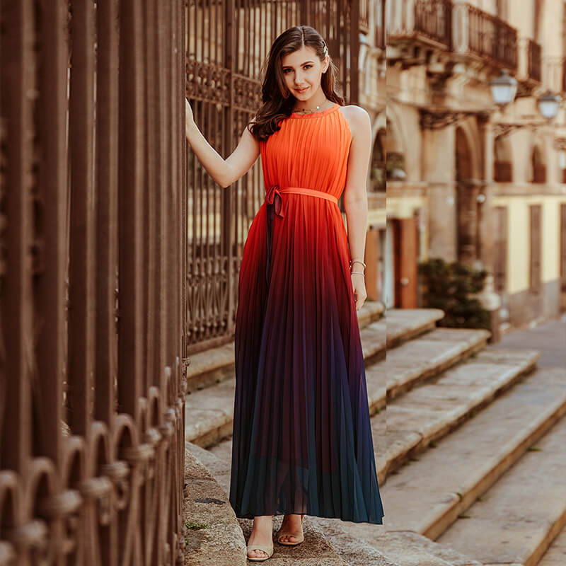 Gradient Color Large Hem Pleated Long Dress