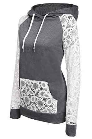 Lace Patchwork Drawstring Pocket Slim Hoodie