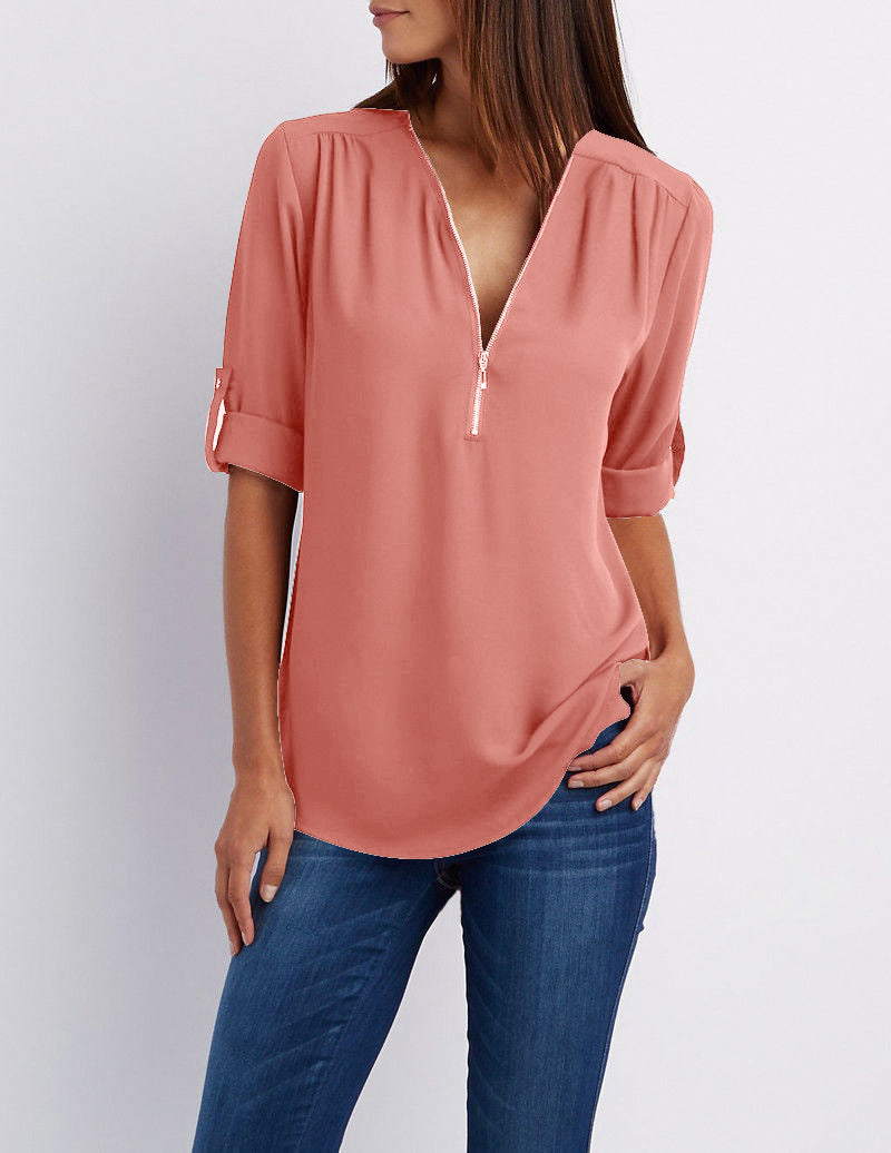 V-neck Candy Color Front Zipper Long Sleeves Loose Blouse