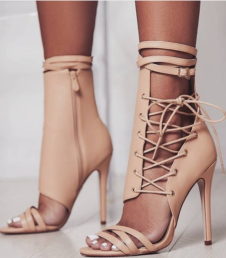 Straps Side Zipper PU Open-toe Stiletto High Heels Sandals