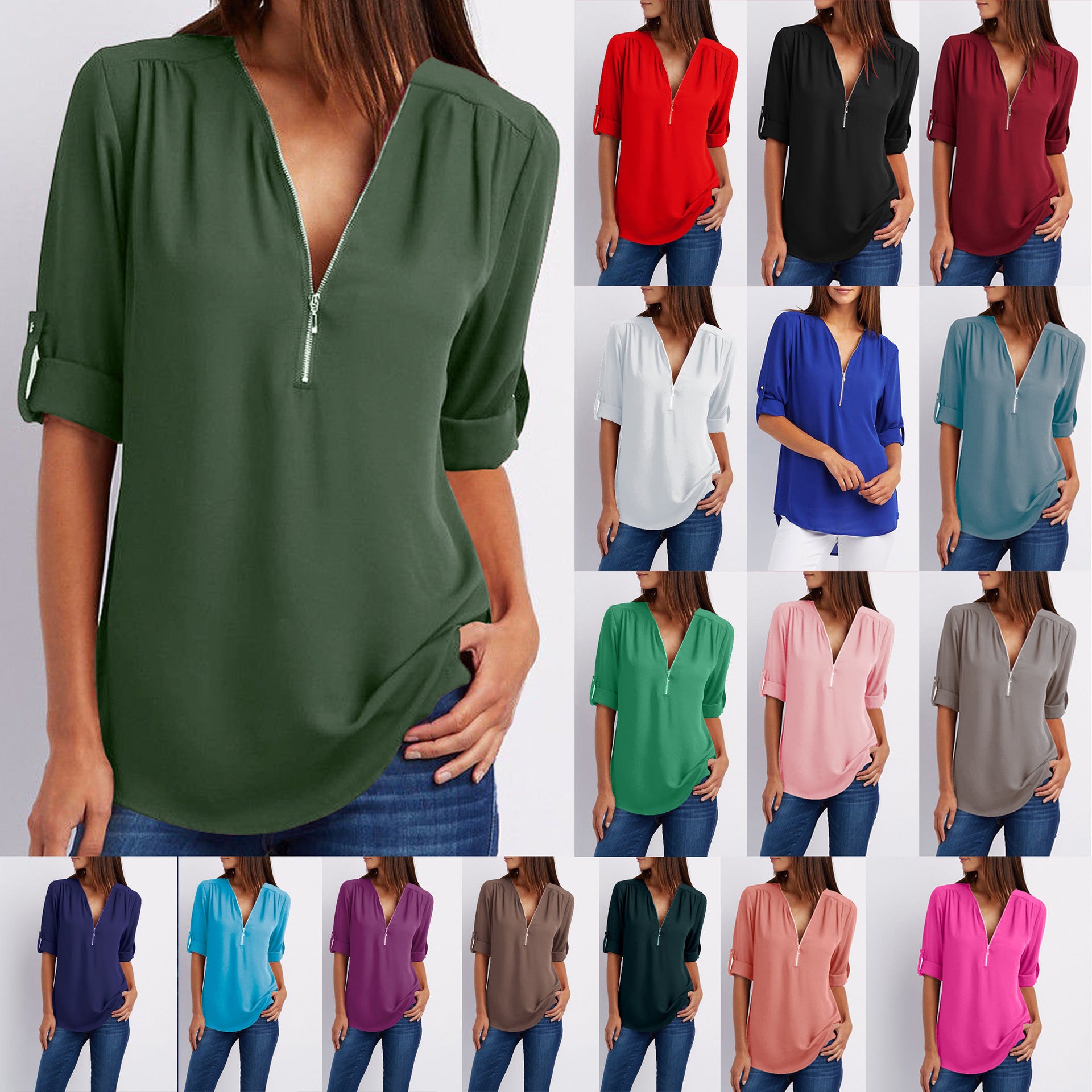 V-neck Candy Color Front Zipper Long Sleeves Loose Blouse