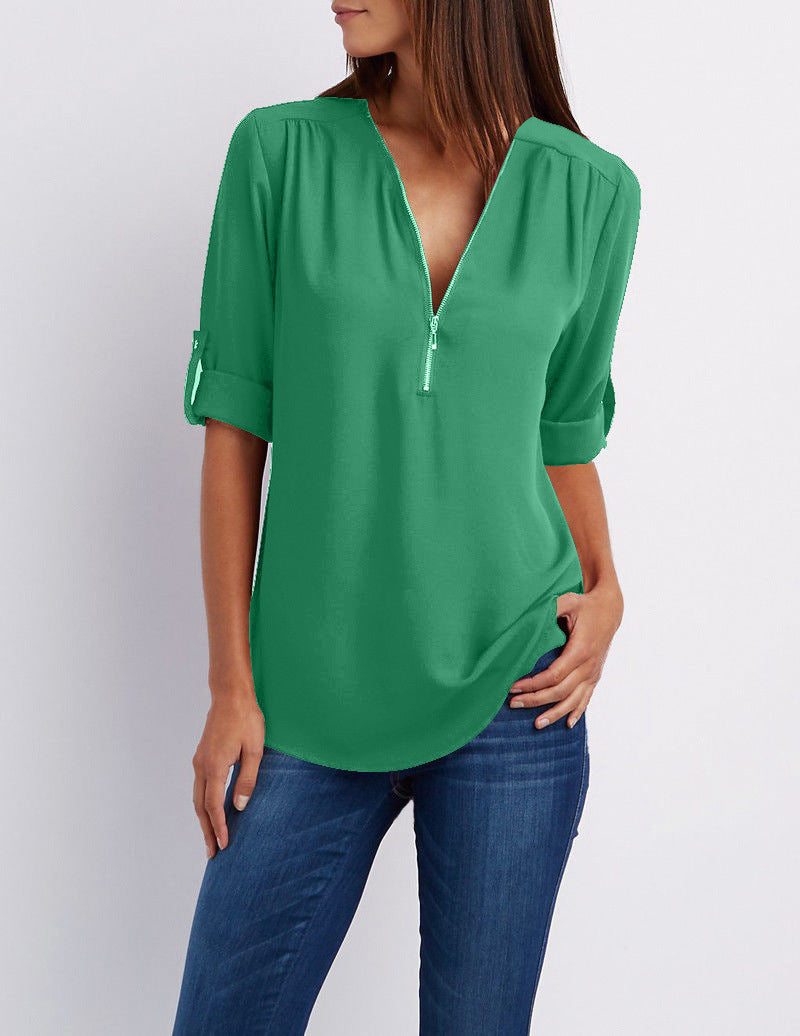 V-neck Candy Color Front Zipper Long Sleeves Loose Blouse