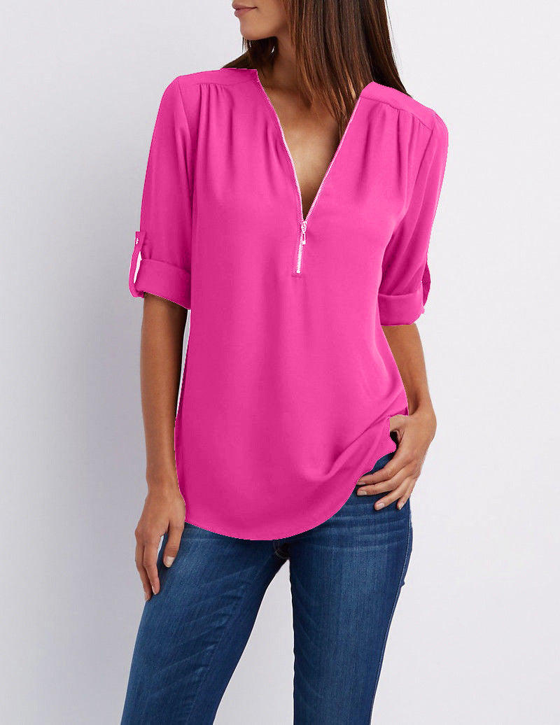 V-neck Candy Color Front Zipper Long Sleeves Loose Blouse