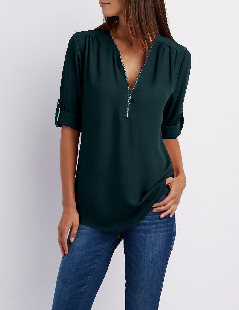 V-neck Candy Color Front Zipper Long Sleeves Loose Blouse