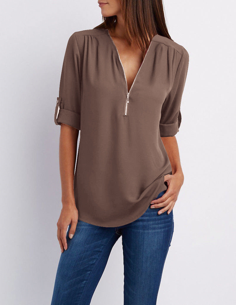 V-neck Candy Color Front Zipper Long Sleeves Loose Blouse