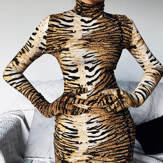 Tiger Skin With Gloves Bodycon Turtleneck Dress