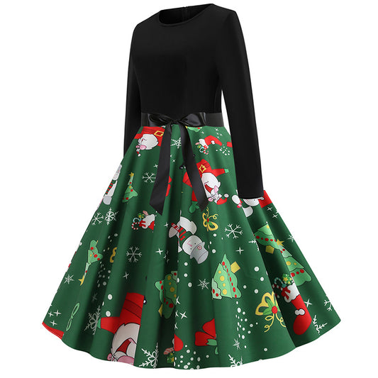 Christmas Print Green A Line Swing Dress