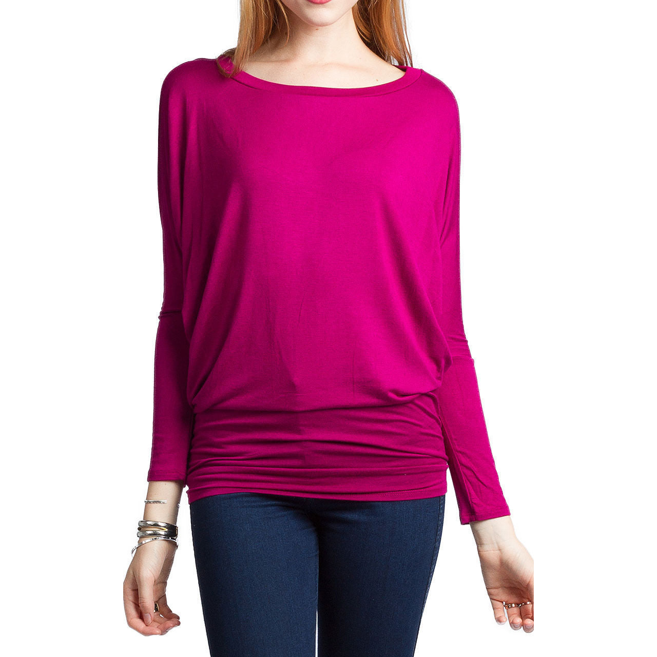 Scoop Pure Color Long Batwing Sleeves Loose Blouse