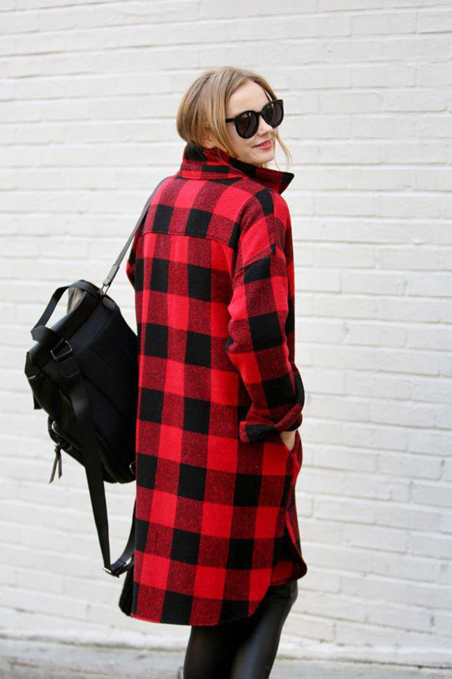 Plaid Button Loose Long Blouse