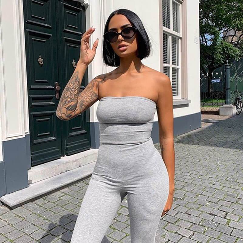 Sleeveless Strapless Bodycon Belt High Waist Skinny Jumpsuits