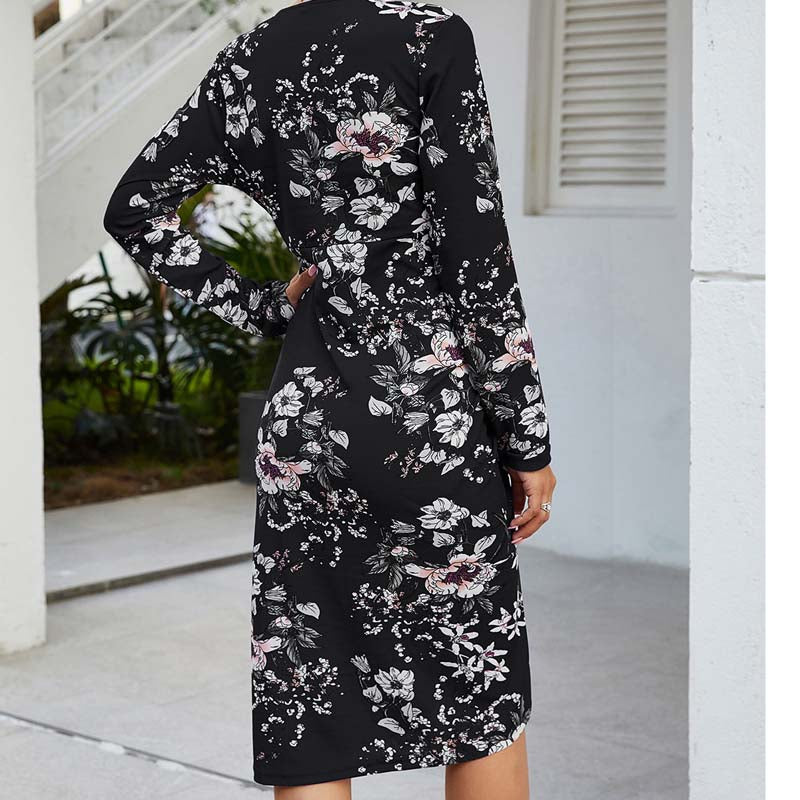 Floral V Neck Frills Slit Wrap Dress