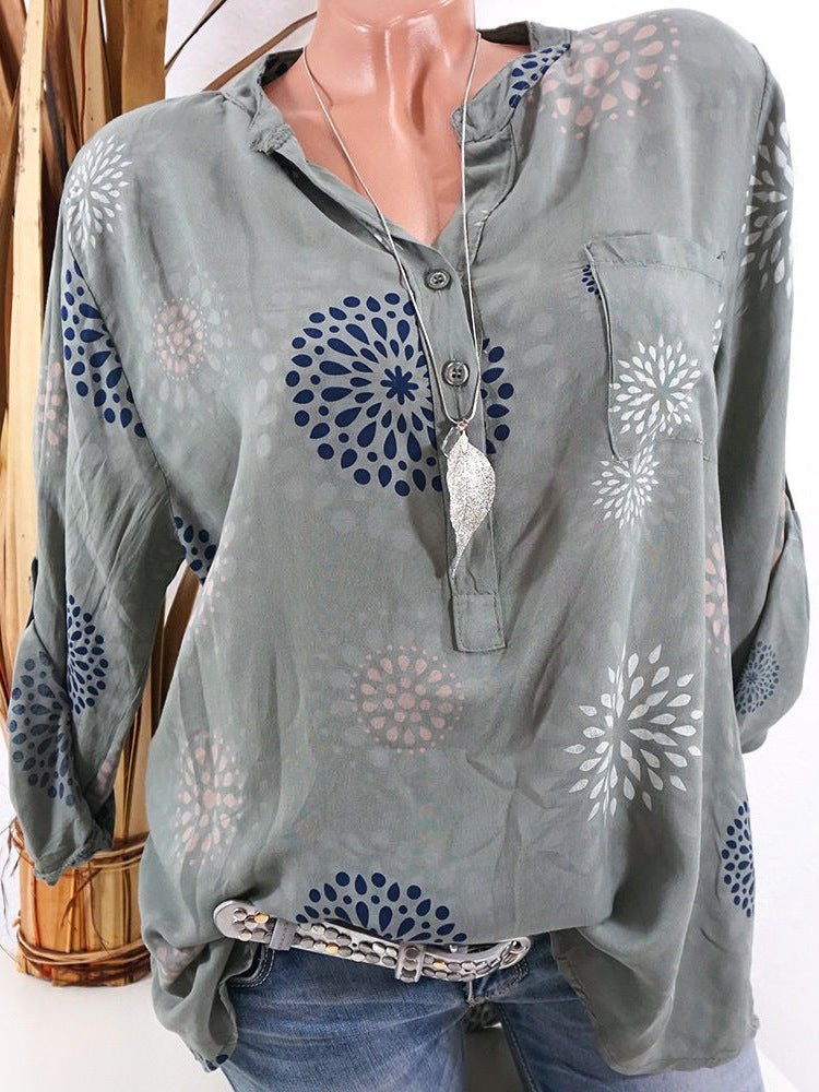 V-neck Print Long Sleeves Loose Blouse with Plus Size