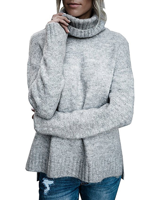 High Neck Pure Color Loose Women Autumn Sweater