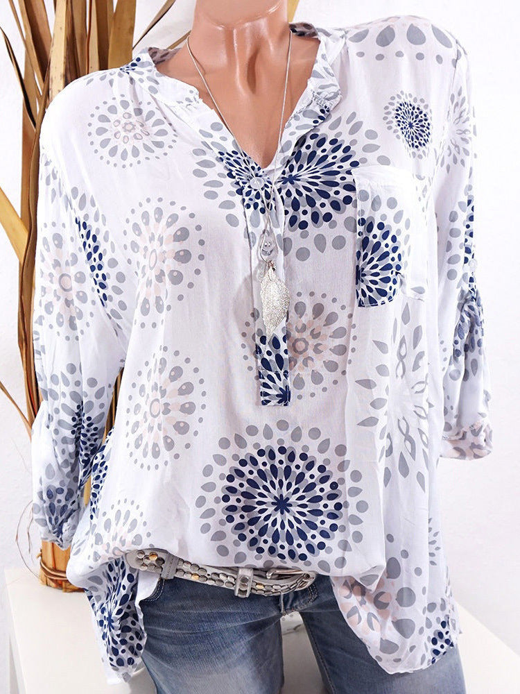 V-neck Print Long Sleeves Loose Blouse with Plus Size