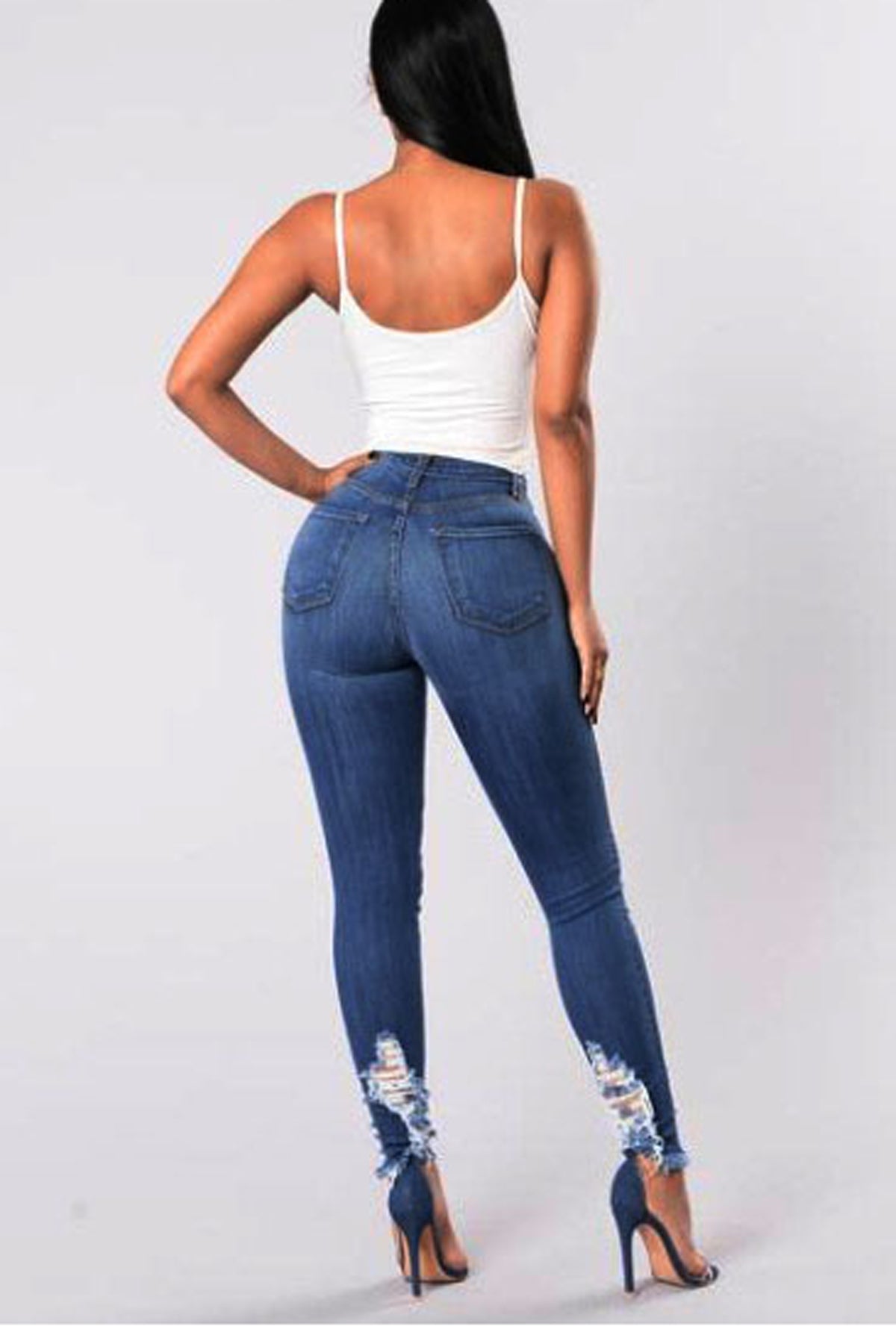 High Waist Pure Color Rough Holes Long Skinny Jeans