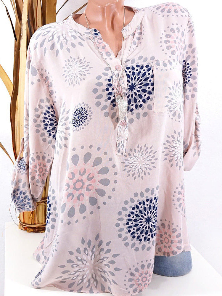 V-neck Print Long Sleeves Loose Blouse with Plus Size