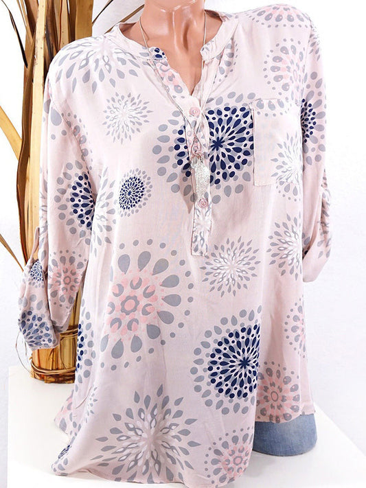 V-neck Print Long Sleeves Loose Blouse with Plus Size