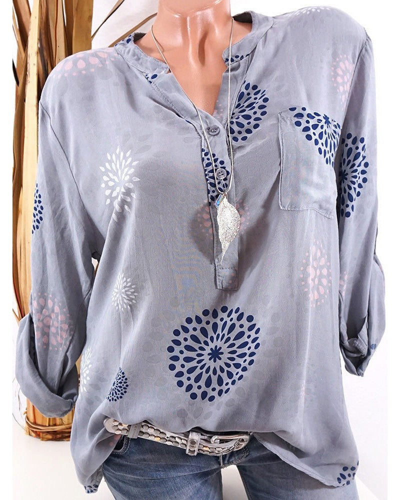 V-neck Print Long Sleeves Loose Blouse with Plus Size