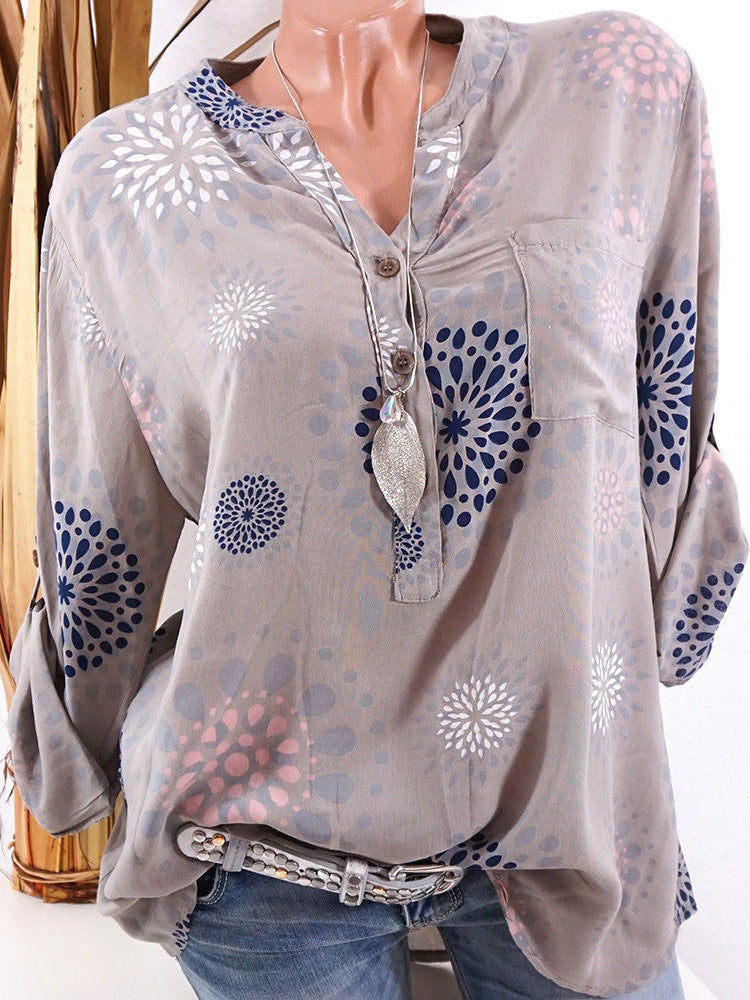 V-neck Print Long Sleeves Loose Blouse with Plus Size