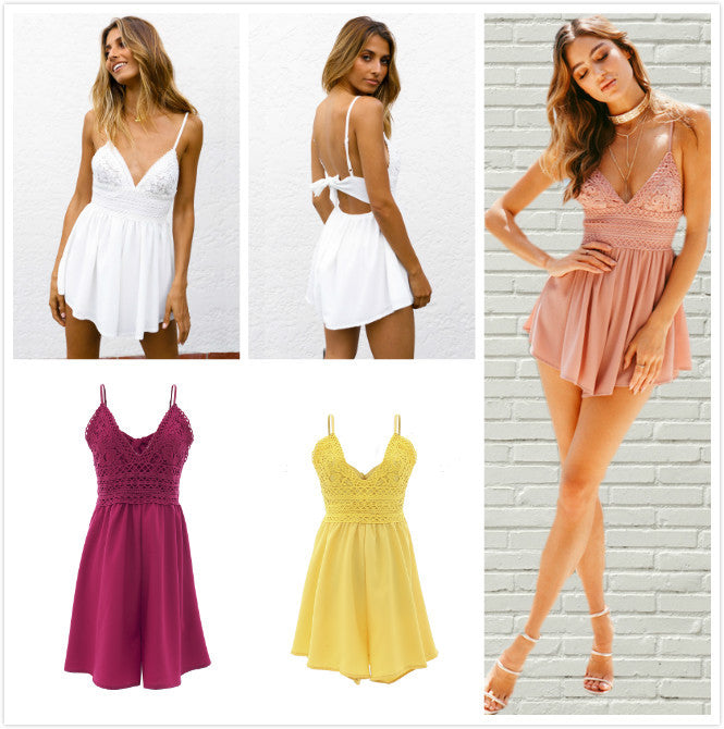 V-neck Loose Spaghetti Strap High Waist Lace Patchwork Back Bow Short Jumpsuits