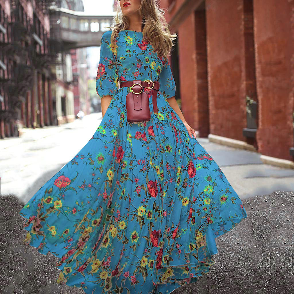 Short Sleeve Floral High Waist Boho Dress