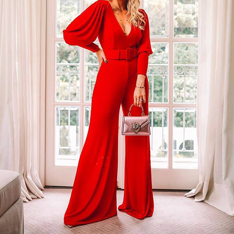 Long Sleeves Wide Leg V Neck High Waist Bodycon Jumpsuits